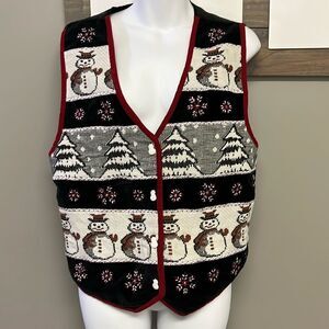 TanTrums Vintage Black Button Up Snowman Tree Snowflake Vest- Large